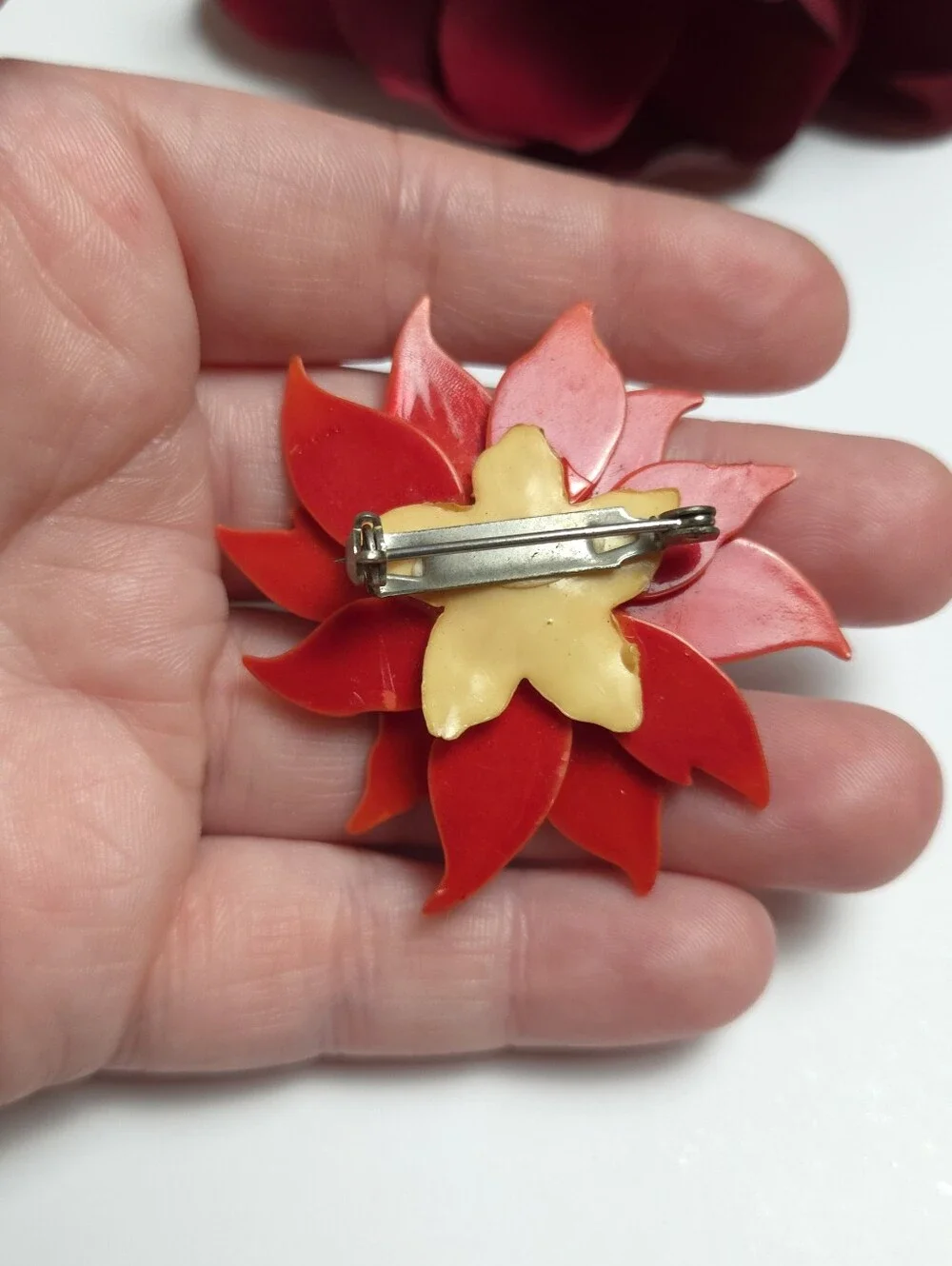 Vintage 1950s Poinsettia Flower Celluloid Acrylic Brooch Red Glitter Flower